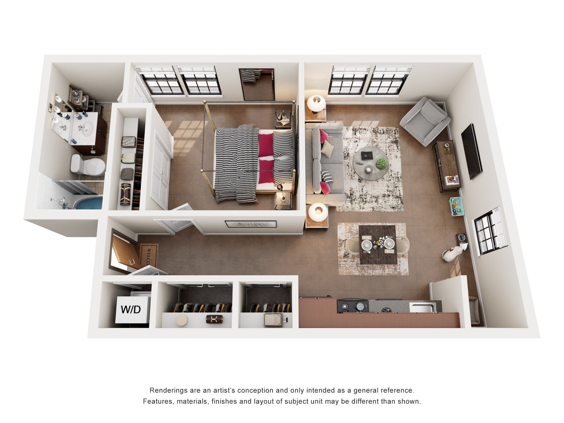 Floor plan for 1 bed, 1 bath, 651 sqft
